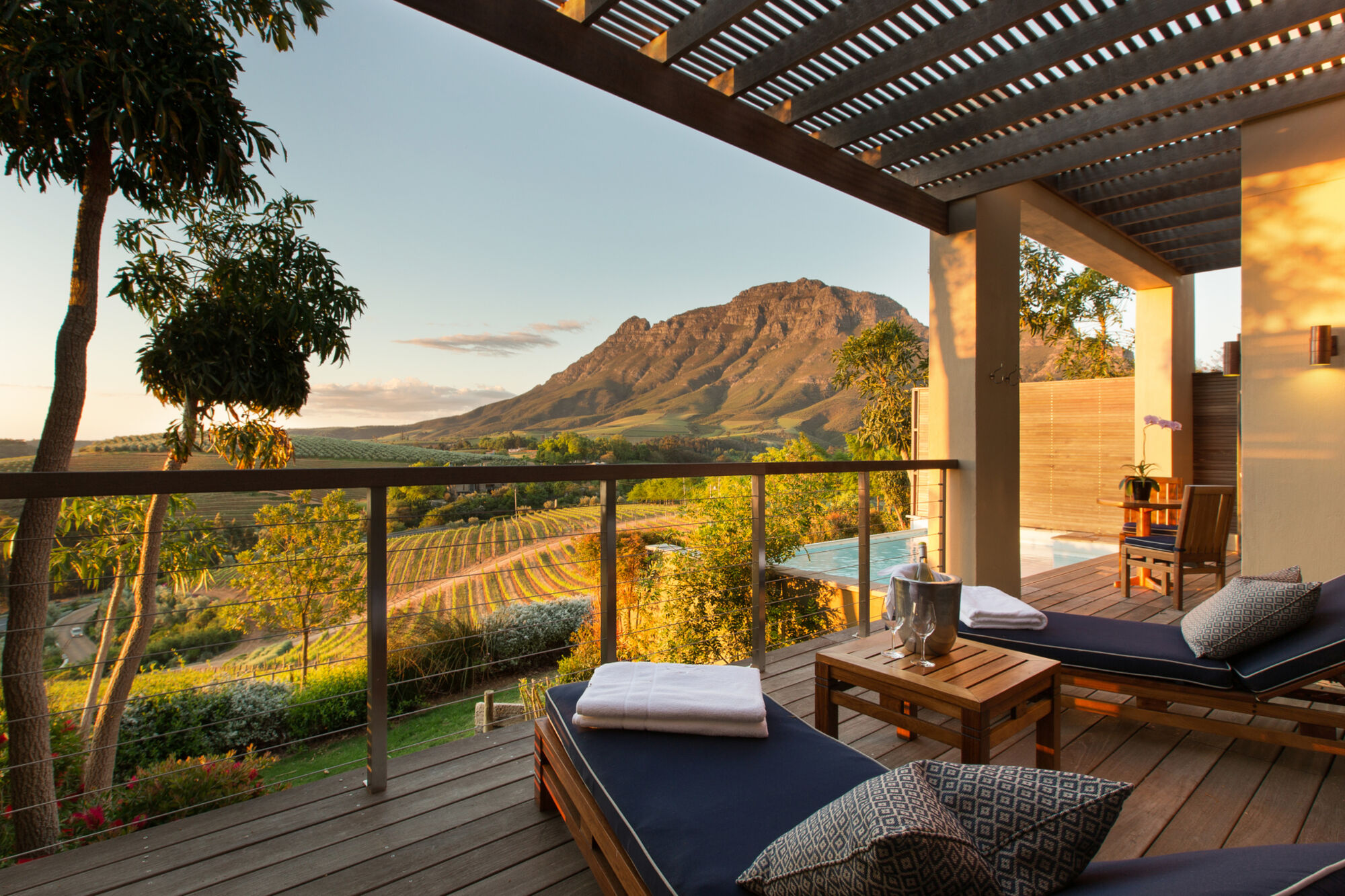 Delaire Graff Luxury Lodge terrace and view Simonsberg mountain Delaire Graff Luxury Lodge terrace and view Simonsberg mountain